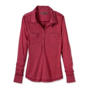 PRANA Women Long Sleeve Polo Shirt Size Large 5 Buttons Closure Dark Pink